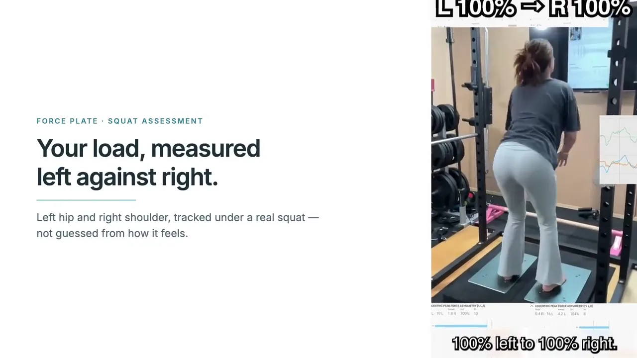 Force plate squat assessment at Heal Young Massage — remedial massage Varsity Lakes Gold Coast, measuring left and right load asymmetry