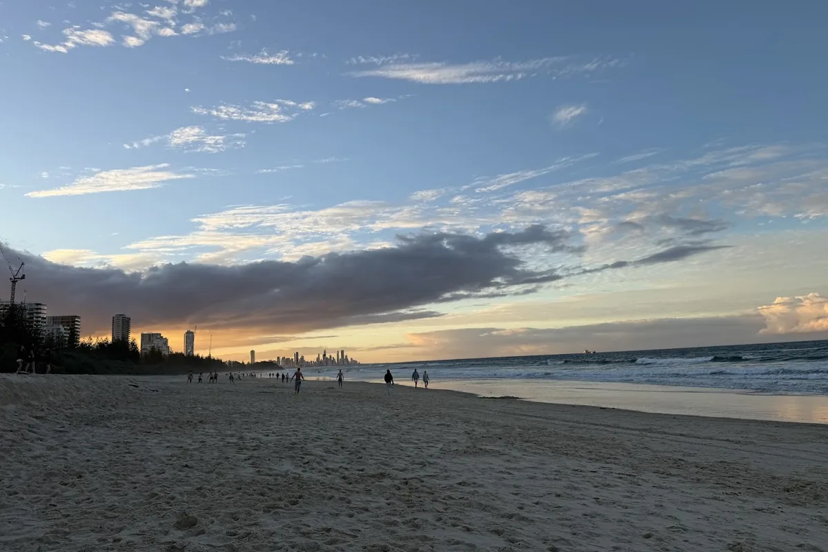 Burleigh Beach at sunset looking north towards Surfers Paradise, Gold Coast